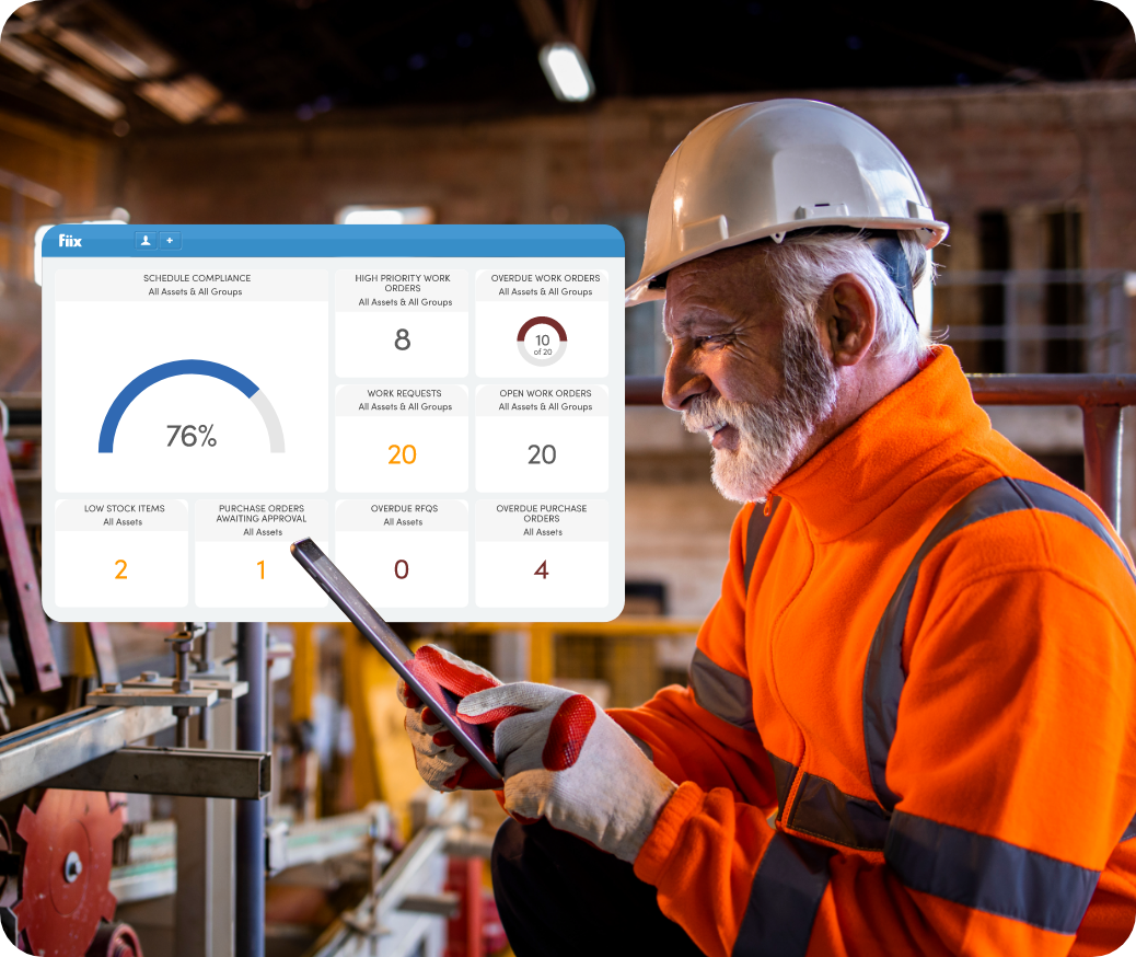 A maintenance worker looking at the Fiix CMMS dashboard on his tablet